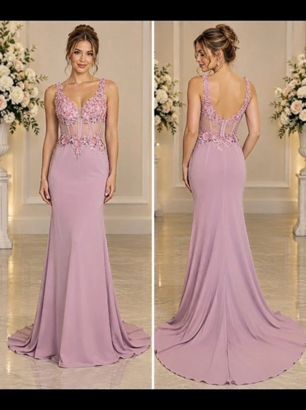 Pink Lace-Detail Maxi Gown